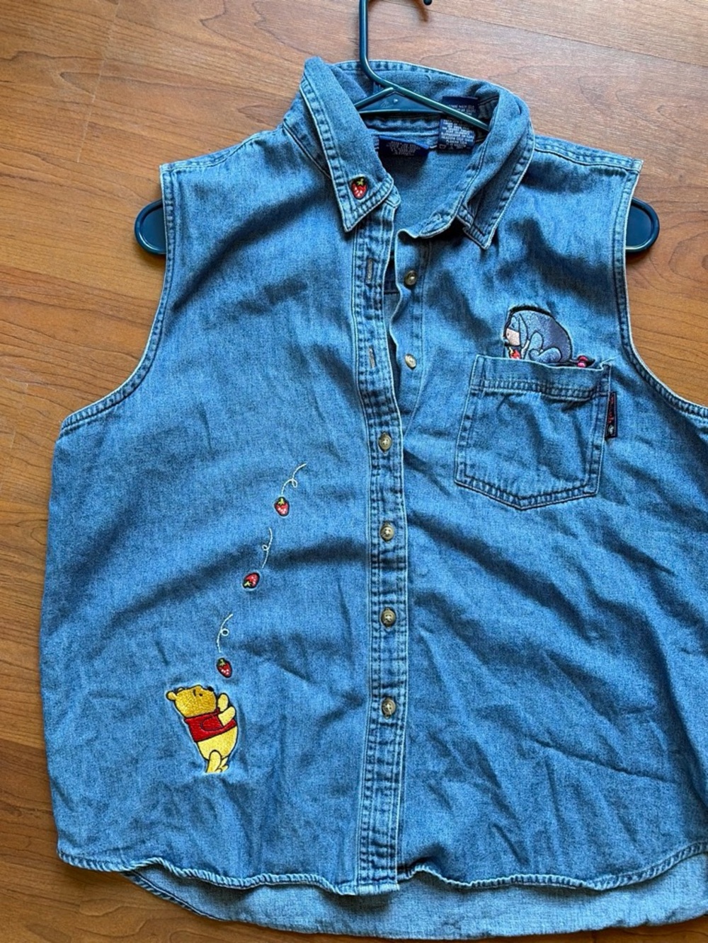 Denim Sleeveless Button-Up Top with Winnie the Pooh Embroidery